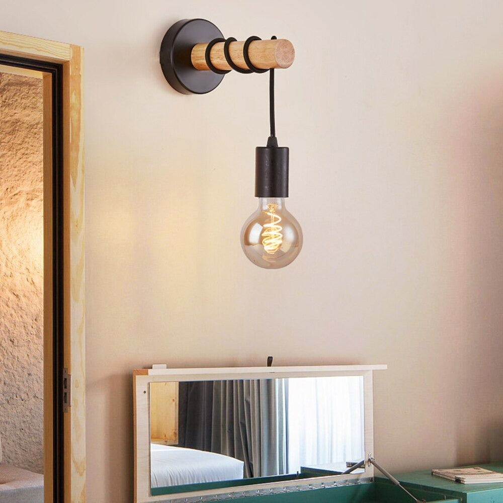 Black Industrial Wall Bedside Lamp with Wooden Base